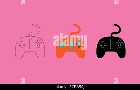 Vibrant Game Controller Designs in Outline, Color, and Silhouette Styles on Pink Backdrop Stock Vector