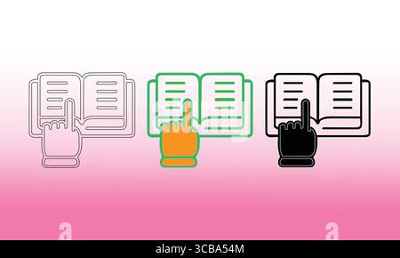 Three Stylized Open Book Icons with Finger Pointer Symbol Stock Vector