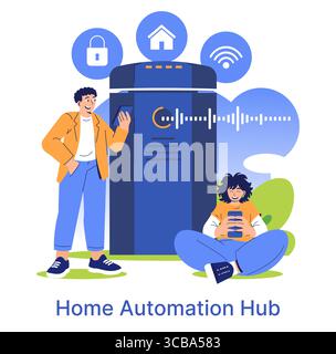 Two people using smart devices to interact with a home automation hub, featuring icons for security, connectivity, and automation. Vector illustration highlighting modern technology. Stock Vector