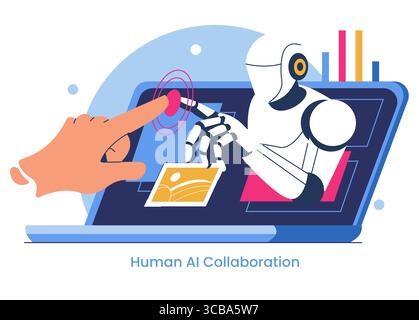 Vector illustration of a human hand and robot finger touching in a symbolic gesture of collaboration, representing the intersection of human intelligence and artificial intelligence. Stock Vector
