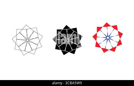 Geometric Star Icons: Outline, Solid Black, and Colorful Stock Vector