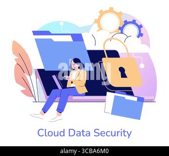 Vector illustration of a woman using a laptop with cloud data security icons like a lock and gears. The image emphasizes digital safety and technology in a modern context. Stock Vector