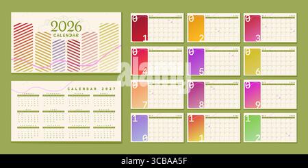 Stylish 2026 calendar set with modern gradient colors and clean layout. Includes full monthly and yearly views, perfect for printing, planning Stock Vector