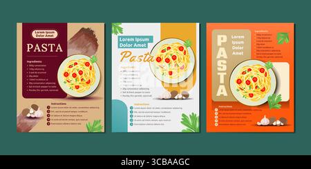 Colorful pasta recipe infographics with illustrations and step-by-step instructions. Perfect for food bloggers and cooking enthusiasts. Stock Vector