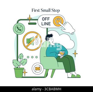 Vector illustration of a person taking a break by going offline. Depicts a peaceful expression while holding a cup, emphasizes the importance of disconnecting from digital devices. Stock Vector