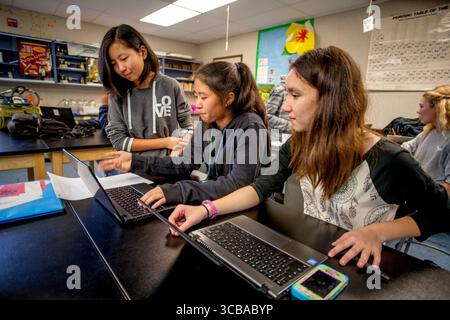 February 18, 2016: Asian American and Caucasian middle school STEM (Science, Technology, Engineering and Math) students use Google Chromebook laptops in science class in Mission Viejo, CA. (Credit Image: © Spencer Grant/ZUMA Press Wire) Stock Photo