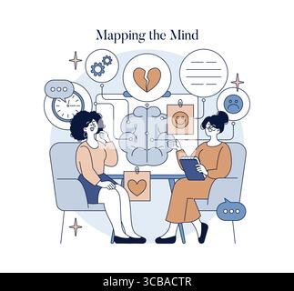 Vector illustration of a counseling session with two people discussing emotions. Includes brain map with symbols representing emotions, highlighting communication and mental health concepts. Stock Vector