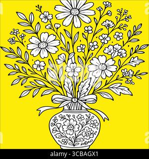 "Black and White Floral Bouquet in Decorative Vase – Line Art Illustration on Yellow Background" Stock Vector