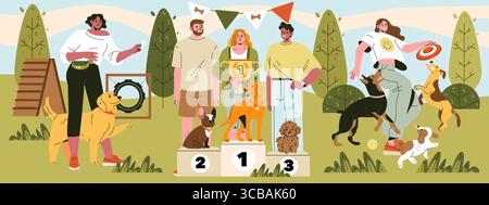 People and their dogs celebrating at a competition award ceremony with playful activities in a vector illustration. Dogs on podiums receiving awards while others enjoy playing with frisbees. Stock Vector