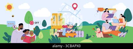Vector illustration of diverse family enjoying outdoor activities with children. A father reading with a child, another child exploring nature, and a group using devices, set in a park. Stock Vector