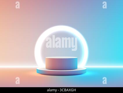 glowing neon circle behind a sleek cylindrical podium set on a vibrant orange and blue gradient backdrop creating a futuristic product display for tec Stock Vector