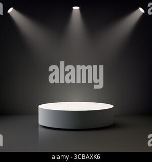 White circular pedestal stands under spotlights in a dark showroom stage, designed for modern product mockups, branding presentations, and minimal dis Stock Vector