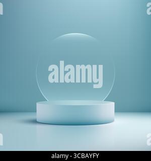 sleek 3D blue cylindrical podium sits on a glossy surface in a minimalist studio with a translucent glass backdrop, perfect for showcasing modern prod Stock Vector