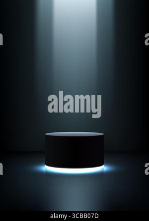 black cylindrical podium glows under spotlight and subtle blue light in an empty dark room, designed for showcasing modern products, minimalist brandi Stock Vector