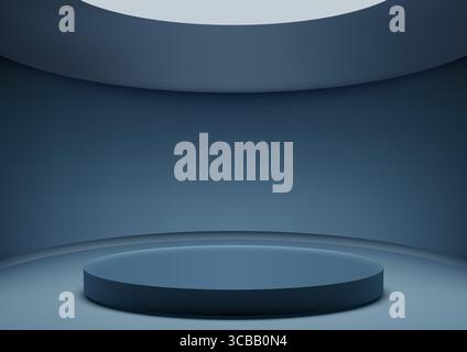 sleek 3D dark blue cylindrical podium centered in a circular room with curved walls and overhead lighting, designed for product display, branding mock Stock Vector