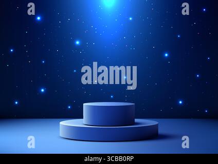 3D futuristic stage with a glowing two blue podium under a cosmic starry sky. Designed for modern product display, mockup, or showroom with abstract d Stock Vector