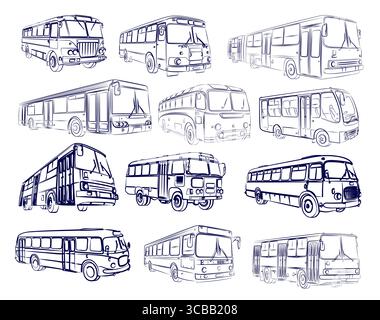 The Big set of bus sketch. Stock Vector