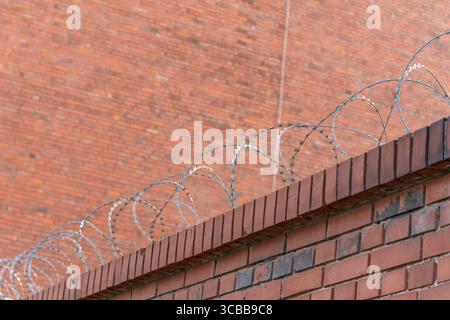 Brick wall with barbed wire and soft focus. A stretch of red brick wall is topped with coiled barbed wire. The soft background highlights the sharpnes Stock Photo