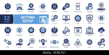 Setting icon set. Containing universal symbol for settings. Solid icon collection. Vector Illustration. Stock Vector