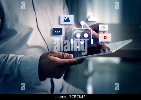 AI chatbot concept displayed with virtual assistant icons floating above a tablet as a person interacts with digital content and automation tools in a Stock Photo