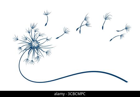 The Field dandelion flower symbol with flying seeds. Stock Vector