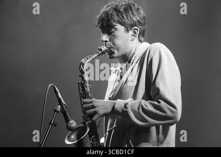BLACK COUNTRY NEW ROAD, EARLY GIG, 2019: A very young Black Country New Road play the Rising Stage at Green Man Festival 2019 in Brecon, Wales, UK. Photo credit: Rob Watkins.  INFO: Black Country, New Road are a British experimental rock septet formed in London in 2018. Their genre-blending sound fuses post-punk, jazz, chamber music, klezmer, and art-rock. Following their frontman’s departure in 2022, they evolved into a more folky, baroque collective with shared vocals and inventive storytelling. Stock Photo