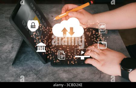 Woman use laptop with cloud computing diagram interface. Data storage online. Networking service concept. Stock Photo
