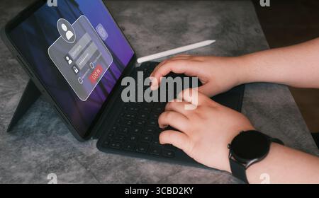 Woman use digital tablet for login on account. Username and password cyber security concept. Protected information and encryption. Stock Photo