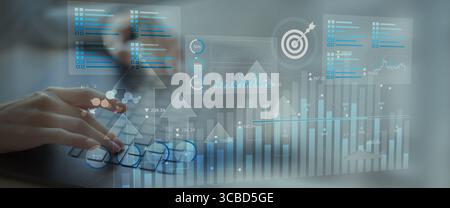 Business Data Analytics and KPI Performance Tracking Dashboard on Digital Tablet Interface. Stock Photo