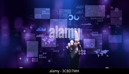 Business intelligence analyst dashboard on virtual screen. Big data Graphs Charts. Stock Photo