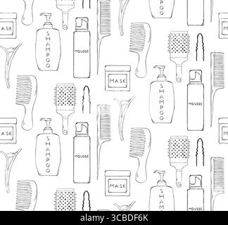 Professional hairdresser tools Hair Salon seamless pattern. Vector graphic line ink illustration. Barbershop Beauty Hairdressing salon. Coloring Sheet Stock Vector