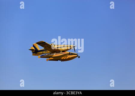 Viana do Castelo, Portugal - July 29, 2025: Yellow Air Tractor AT-802F Fire Boss EC-MRU amphibious firefighting aircraft in the air preparing to scoop Stock Photo