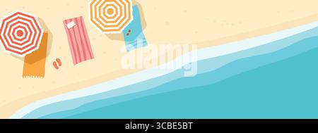 top view of tropical beach with umbrellas, towels and flip-flops; perfect for travel blogs, summer-themed projects, and vacation-related content- vect Stock Vector