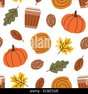 seamless autumn, thanksgiving pattern with colorful leaves, cinnamon bun, pumpkin, walnut and coffee, great for fall-themed apparel, home decor items, Stock Vector