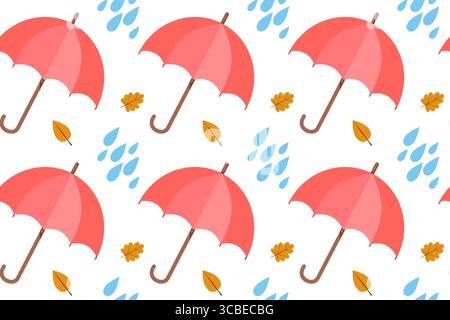 Autumn seamless pattern with red umbrellas with raindrops and falling leaves in trendy design. Fall season illustration in flat style. Stock Vector