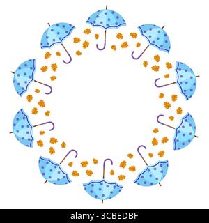 Autumn round frame with blue rain umbrellas and falling leaves, perfect for seasonal designs. Stock Vector
