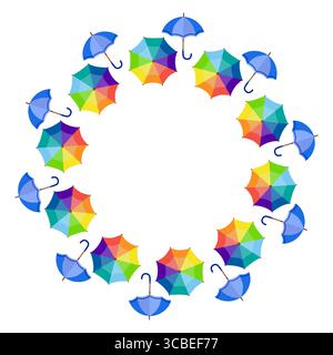 Autumn round frame with blue and rainbow umbrellas, perfect for seasonal designs. Stock Vector