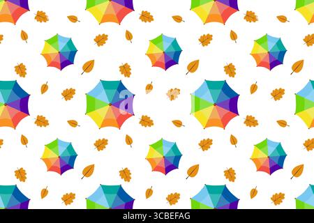 Autumn seamless pattern with colorful umbrellas in trendy design. Fall season illustration in flat style. Stock Vector