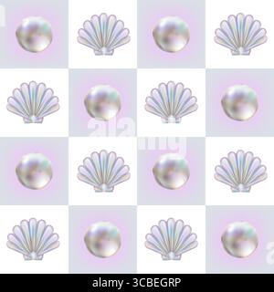 Abstract Coast seamless pattern in Y2K style. Three-dimensional Pearl and Shell Scallop on Pastel Checkered background. 3d holographic retro template. 3D chrome bubble art. Stock Vector