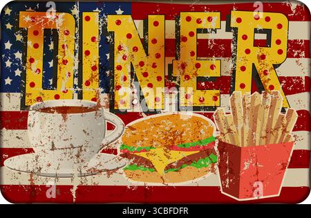 grungy old retro american diner, fast food vintage sign concept, worn and weathered, vector eps Stock Vector