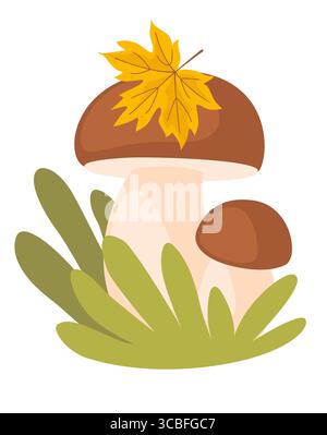 Two autumn mushrooms  in green grass. Mushroom  with a yellow leaf on its cap Stock Vector