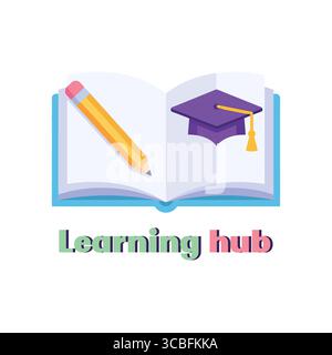 This vibrant illustration features an open book alongside a pencil and a graduation cap, symbolizing education and learning. Stock Vector