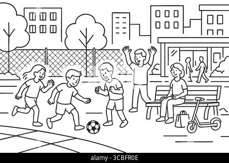 Children playing soccer on urban playground. Stock Vector