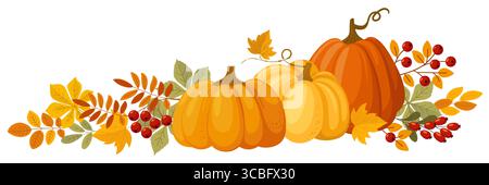 Colorful autumn pumpkins, berries and forest leaves clipart. Seasonal harvest design for greeting or poster. Vector illustration isolated on white bac Stock Vector