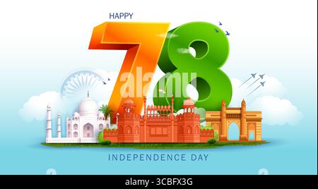 illustration of Famous Indian monument and Landmark for Happy 78th Independence Day of India for Happy Independence Day of India Stock Vector