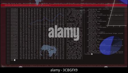 Displaying terminal showing hex dump and packet info at workstation with blue highlight circles. Cybersecurity, dataanalysis, digitalforensics, networ Stock Photo