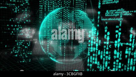 Displaying neon green wireframe globe rotating above grid floor with code streams and dot matrices. Futuristic, cybernetic, technology, digital, abstr Stock Photo