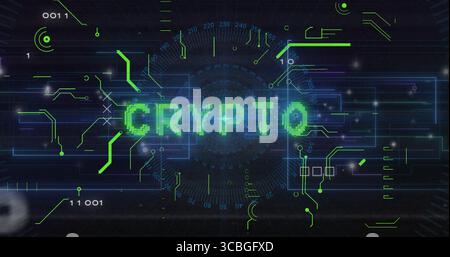 Displaying pixelated green CRYPTO text on digital interface, with radial gauge and circuit traces. Futuristic, technology, data, digital, network, cyb Stock Photo