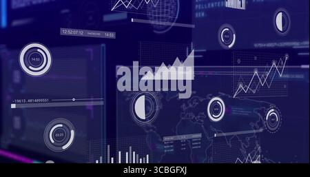 Displaying analytics interface streaming data in digital dashboard, with gauges and world map. Futuristic, technology, interface, visualization, data, Stock Photo