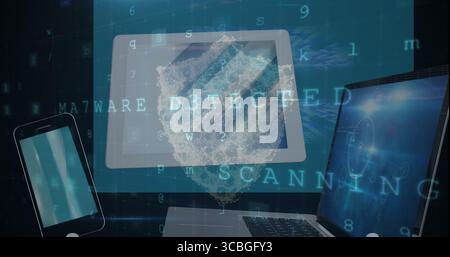 Tablet displaying 3D virus hologram in digital workspace, with smartphone laptop code stream. Cybersecurity, digital, technology, futuristic, interfac Stock Photo